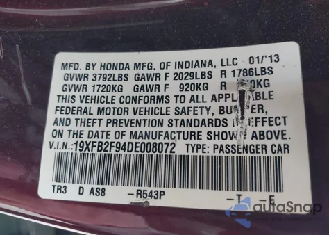 2013 Honda Civic Ex-L z USA, uszkodzony, nr VIN 19XFB2F94DE008072